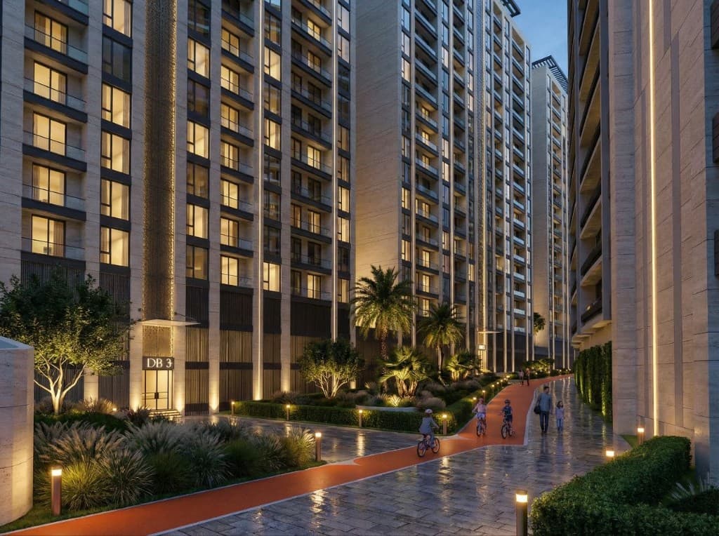Evening courtyard with jogging track